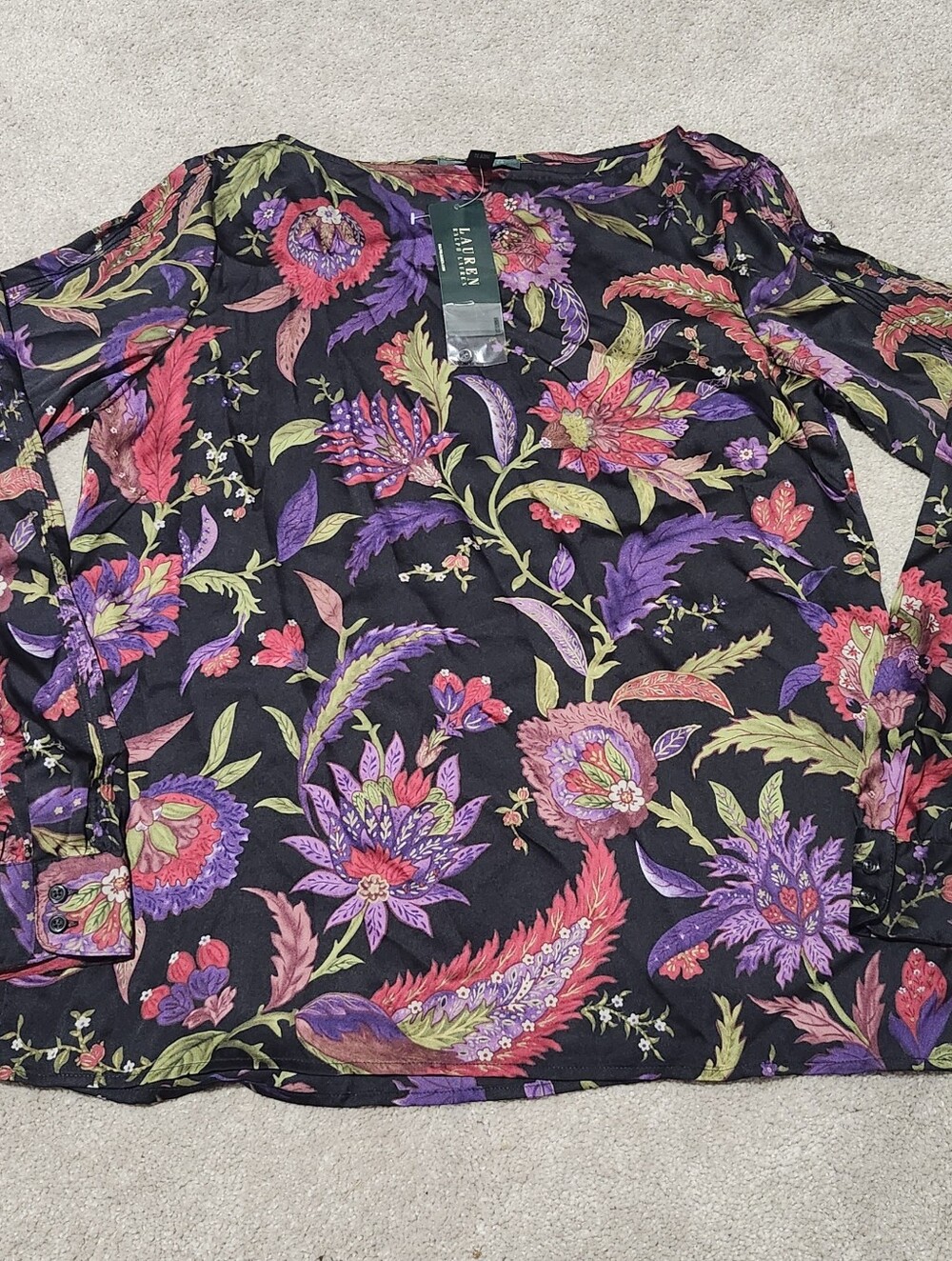 Lauren Ralph Lauren Black Floral Long-Sleeve Blouse - Purple, Pink & Green Print